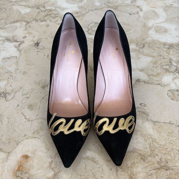 Kate Spade New York Gold “Love” Black Suede Leather Stiletto Heels Pumps - Picture 4 of 15